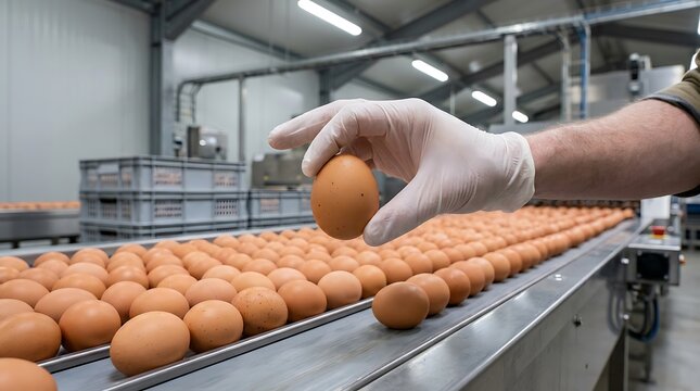 Industrial food production line worker wearing white protective gloves inspecting fresh brown chicken eggs on automated conveyor belt in modern poultry farm processing facility for food safety