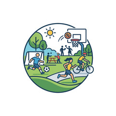 Naklejka premium Active Lifestyle Park Scene: People playing soccer, basketball, running, and cycling in a sunny park, isolated on transparent background.