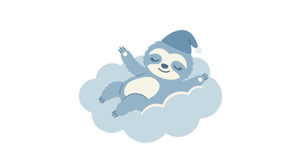 Naklejka premium A cute blue sloth wearing a nightcap sleeps peacefully while lying on a fluffy cloud in this charming vector illustration.