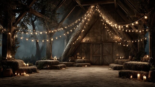 Rustic barn interior illuminated by fairy lights and candles. adorned with hay bales and rustic de