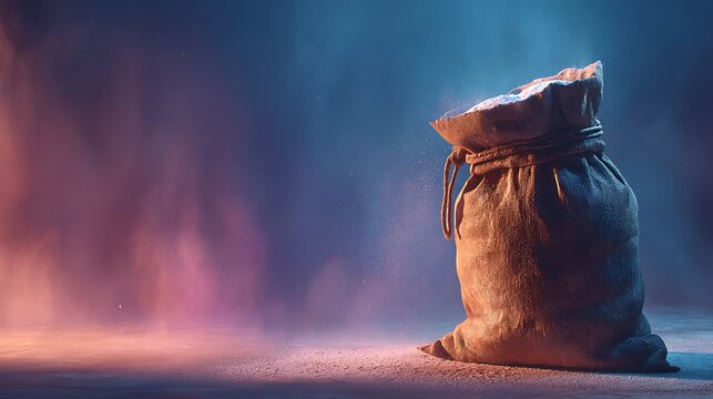 Textured burlap sack filled with coarse material. emitting glowing particles against a smoky. colo