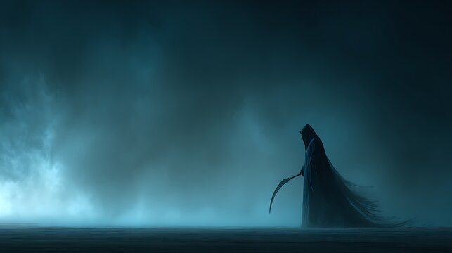 Mysterious Grim Reaper figure with scythe standing in atmospheric blue fog and mist