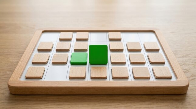 Brain game board with wooden tiles and two green squares in a grid pattern.