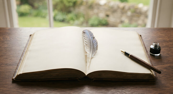An open vintage book with a quill pen and inkwell on a wooden table