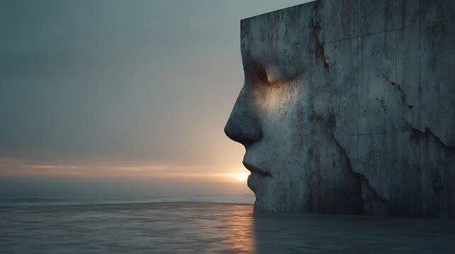Massive concrete face sculpture against a serene twilight sky and ocean horizon