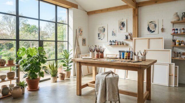Bright art studio with a wooden craft table and many green indoor plants inside a sunlit creative workspace with large windows