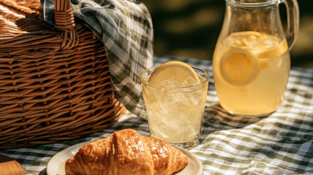 Refreshing glass of iced lemon drink with lemon slices and croissant on white plate set on checkered cloth for cozy outdoor picnic in warm sunlight with wicker basket