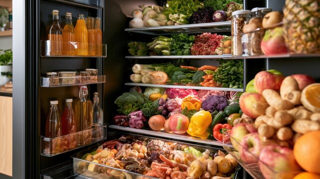 Fully stocked refrigerator with fresh colorful vegetables and fruits organized on shelves and door compartments in a home kitchen setting with natural lighting