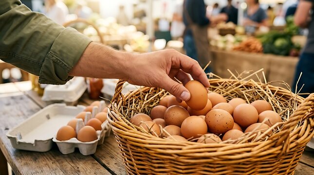 Hand picking up fresh brown egg from rustic wicker basket filled with straw at farmers market stall with blurred background of produce and people shopping for local food