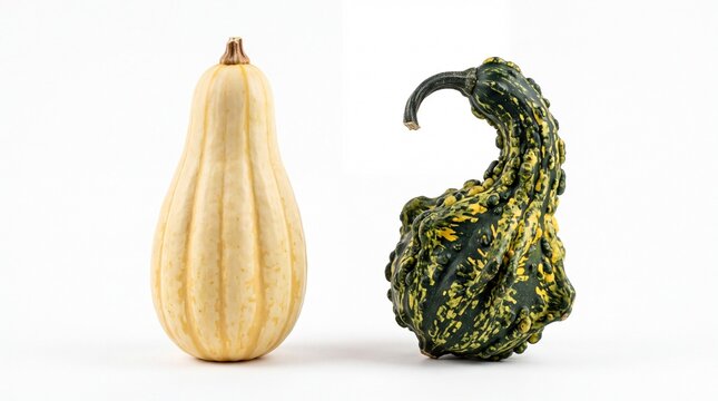 Two distinct organic gourds featuring one smooth cream yellow squash and one bumpy textured green specimen isolated on white background