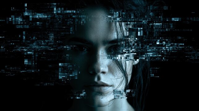 Digital glitch effect on female face in dark abstract background with data distortion cyber technology concept for futuristic artificial intelligence and information security