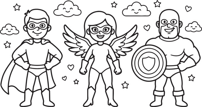 Three cheerful cartoon characters holding stars and hearts smile