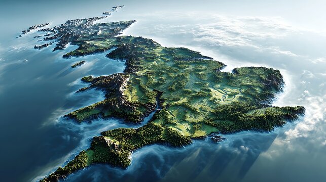 Topographic map of Great Britain with lush green landscapes. mountains. and rivers. surrounded by