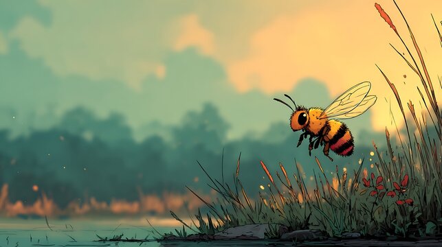 Whimsical cartoon bee flying over reeds by a tranquil lake at sunset. nature illustration
