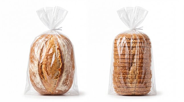 Fresh artisan crusty sourdough loaf and sliced healthy whole grain bread packed in transparent plastic bags sitting on white background