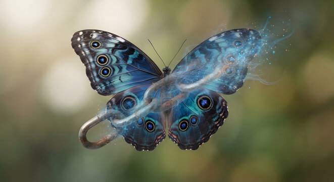 Blue butterfly transforming into a broken chain link