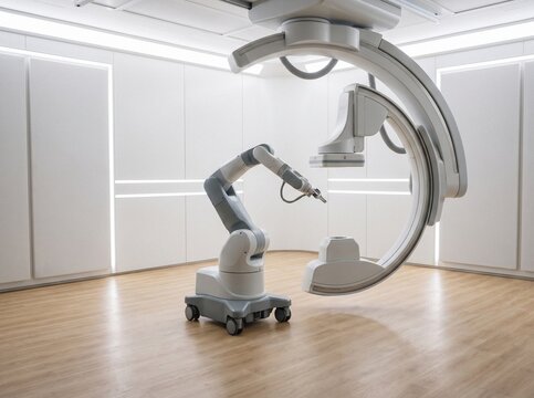 Robotic surgical arm and ceiling-mounted C-arm fluoroscopy scanner in a modern empty hybrid operating room with minimalist design and wooden floors