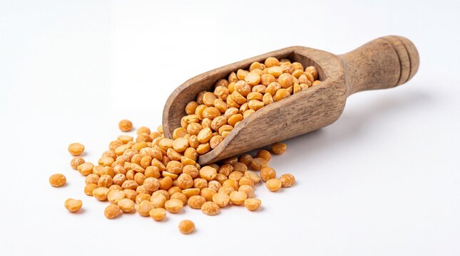 Split yellow peas spilling from a rustic wooden scoop capturing natural textures and vibrant colors in sharp focus on white background