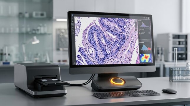 Computer monitor displaying microscopic tissue sample for medical diagnosis and research.
