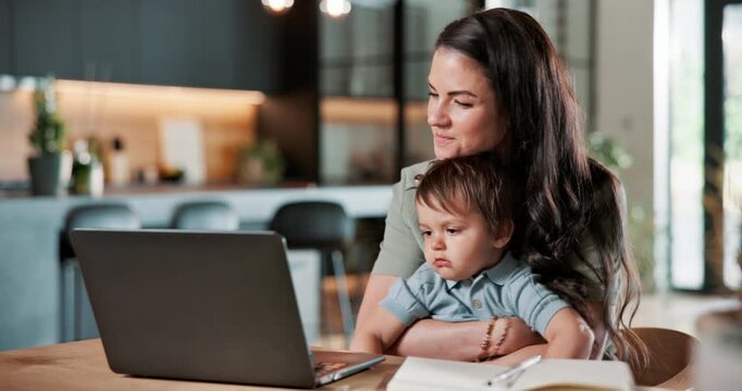 Childcare, home and mom with laptop, remote work and happy woman with son or multitask with project. Freelancer, online and person with toddler, family embrace and assignment with technology in house