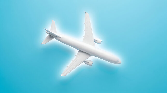 Minimalist white airplane model on blue background. Miniature aircraft toy for travel and aviation concepts. Top view of plane silhouette.