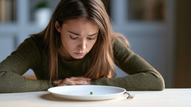 Young woman sitting at table looking sadly at single pea on empty white plate with fork beside it, feeling disappointed and frustrated with lack of food