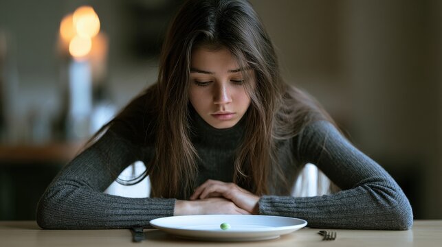 Young woman sitting at table looking thoughtfully at a single pea on an empty plate, expressing emotion of contemplation or dissatisfaction in cozy indoor setting