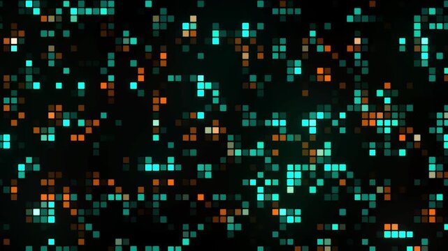 Abstract digital motion background featuring glowing teal and orange square pixels moving across a dark screen. Ideal for technology, data, and futuristic visual projects.