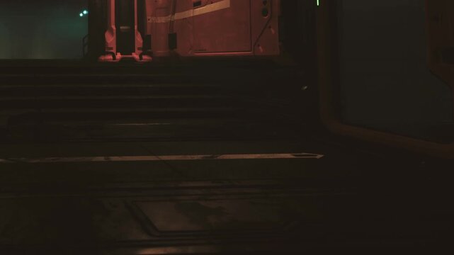 A dark corridor inside a spaceship shows steps leading upward. Soft light casts shadows on the floor. The atmosphere is tight and confined.