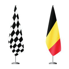 Fototapeta premium Checkered and Belgium flags on flagpoles for official ceremonies and meetings, transparent background vector