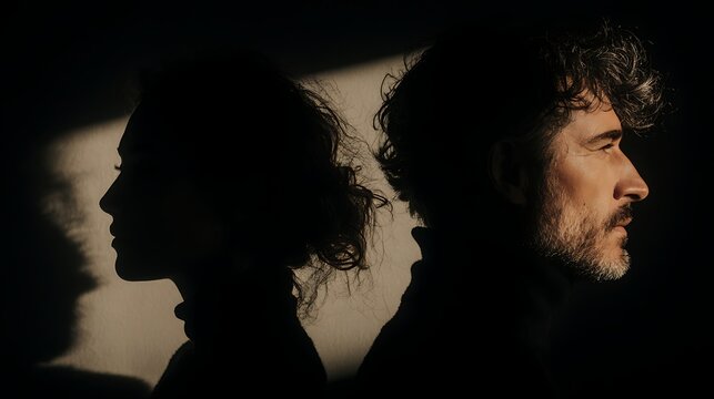Dramatic side profile silhouettes of a couple against a textured. shadowed wall. illuminated by wa