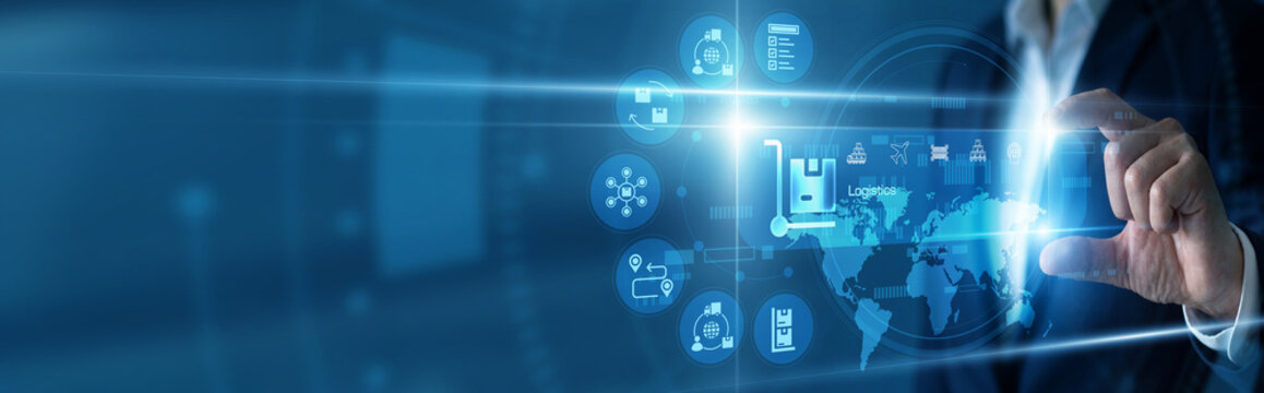 Supply chain efficiency. Logistics manager tracks global freight shipments on a real-time digital dashboard, optimizing transport routes to ensure timely delivery of inventory goods.