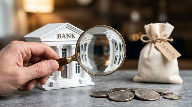 Close up of a hand holding a magnifying glass over a miniature bank building model with a small sack labeled deposits and scattered coins on a desk representing financial auditing and growth