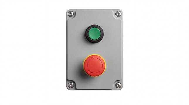Industrial emergency stop button with green start toggle in a durable grey plastic enclosure isolated on white background