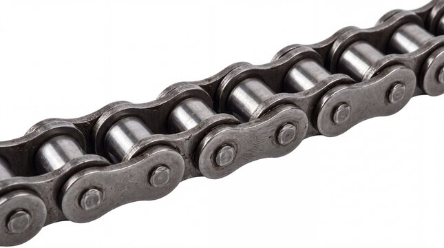 Heavy duty industrial metal roller chain showing detailed mechanical construction and dark steel links captured in macro view on white background