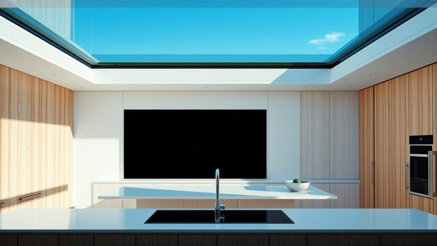 Modern kitchen interior. Bright space features skylight, white cabinets, wood paneling, sleek countertops, minimal design. Clean lines dominate.