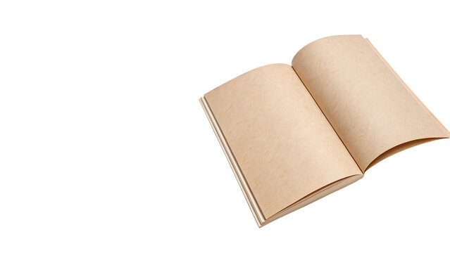 Open blank notebook with light brown sheets textbook mockup isolated on a white background