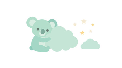 Fototapeta premium A cute mint green cartoon koala hugs a fluffy cloud surrounded by small stars in a minimal vector illustration.