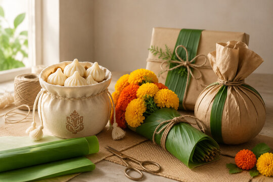 Gift wrapping station with modak sweets in cotton pouch, marigold flowers tied with twine, coconut in brown paper, banana leaf ribbon