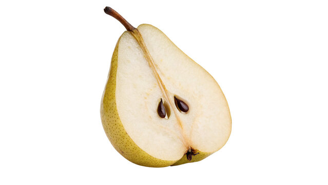 Fresh ripe yellow pear half slice with seeds organic fruit isolated on white background