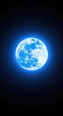Fototapeta premium A radiant blue moon glows intensely against the dark velvet of a clear midnight sky, casting a mystical light over the peaceful heavens, azure, ethereal, nature