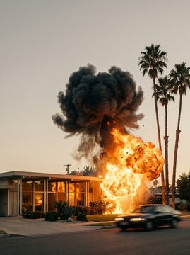 House Engulfed in Flames and Smoke Beside Passing Car