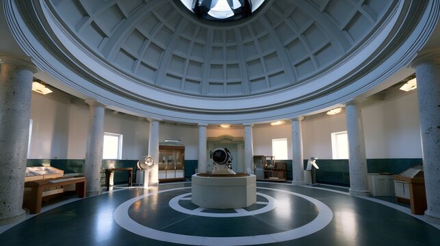A grand circular observatory interior with a central telescope  white columns  and a coffered dome ceiling