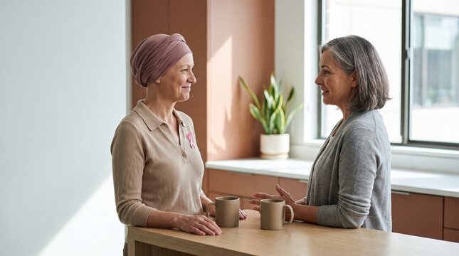 Older Women Talking with Pink Breast Cancer Awareness Ribbon