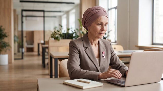 Woman Working on Laptop Wearing Pink Awareness Ribbon