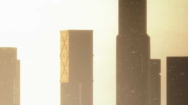 Skyscrapers stand tall against the sunset. The sun casts a golden hue on the buildings. It is evening, and the city prepares for night.