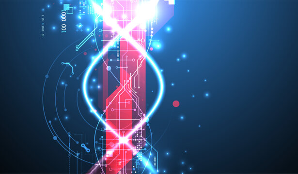 Futuristic digital DNA background with neon molecule structure. Vector
