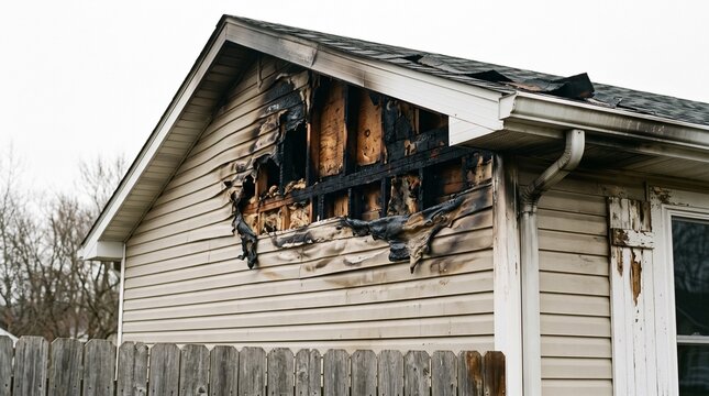 A damaged residential home exterior showing severe fire and smoke damage