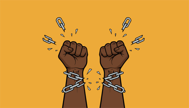 Strong dark skinned hands are shown breaking metallic chains with a minimalist orange background to represent freedom and human rights success.