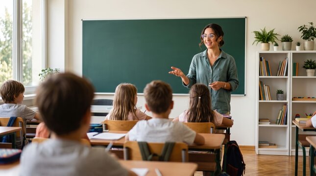 Smiling female teacher interacting with elementary school students in a bright classroom setting.